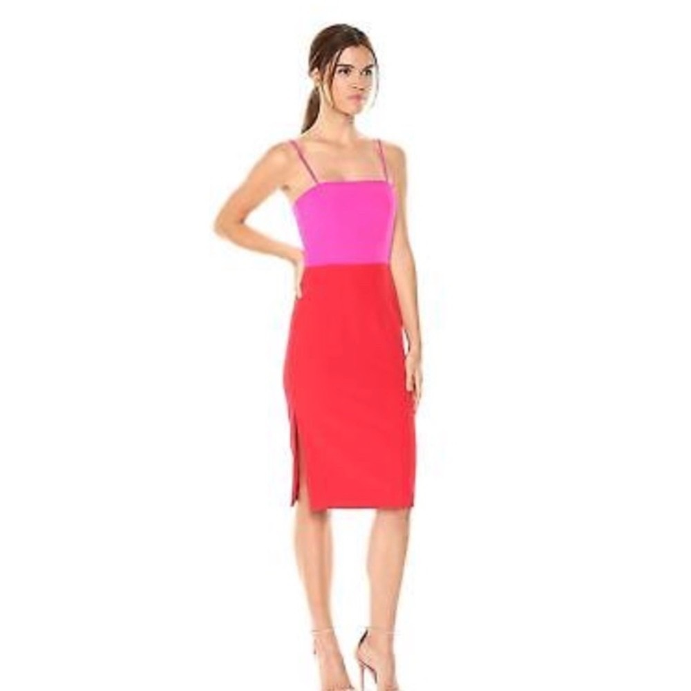 Milly Cady Womens Pencil Midi Dress 6 Tomato/Raspberry Colorblock Cocktail Party